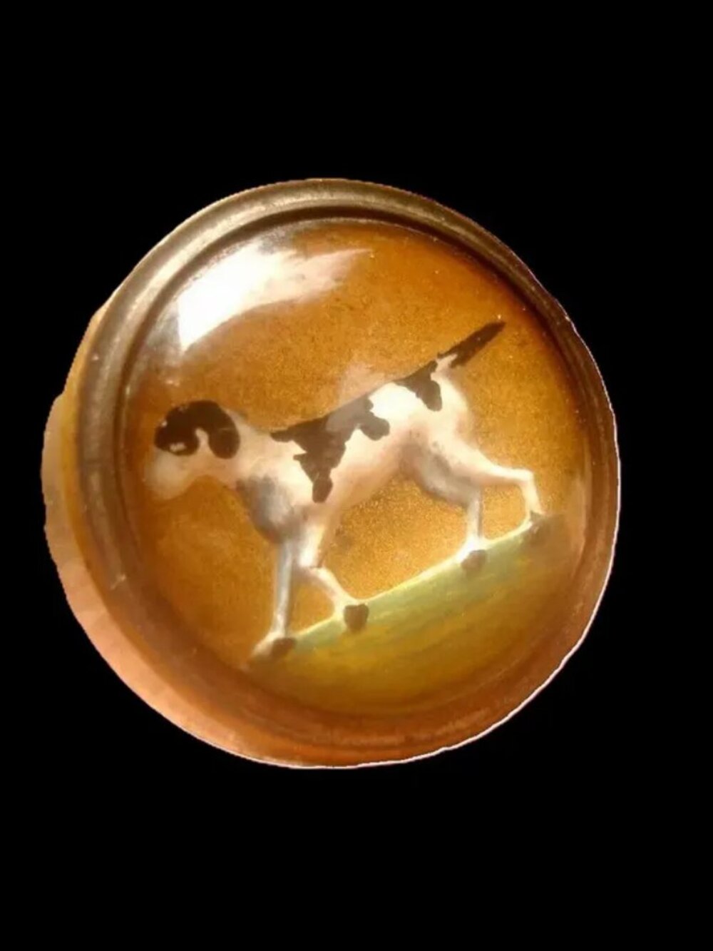 Edwardian, English Pointer Dog, Painted Intaglio, Essex Crystal, Cufflink